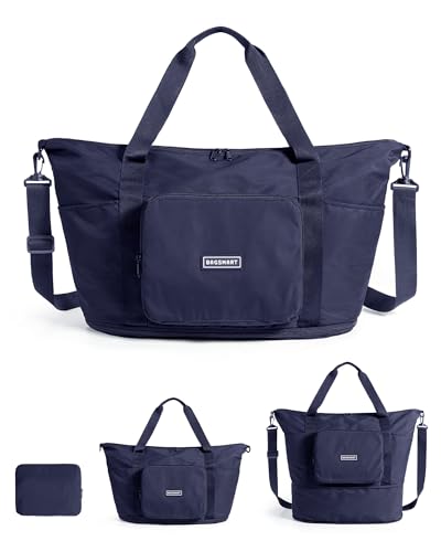 BAGSMART Foldable Travel Bag, 37L Expandable Personal Item Bag, Lightweight Weekender Bags for Women, Water Resistant Extra Carry on for Travel, Navy Blue - color: Navy Blue