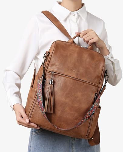 FADEON Leather Backpack Purse for Women Designer Travel Backpack Purses PU Fashion Ladies Shoulder Bag with Tassel Brown - color: 1 Brown Retro Style, size: Medium (14-in Height)