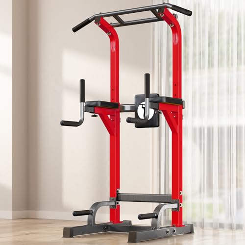 SogesPower Power Tower Pull Up Dip Stand Multi-Function Adjustable Height Workout Equipment Dip Station Fitness Strength Training for Home Gym 330LBS - color: Red