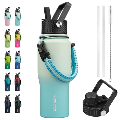 BJPKPK Insulated Water Bottles with Straw Lid, 23oz Metal Water Bottle with 2 lids & Paracord Strap, Double Wall Stainless Steel Vacuum Tumblers, Cups, Mugs, Thermo for Hot& Cold Drinks, Mint - color: Mint, style: 23oz