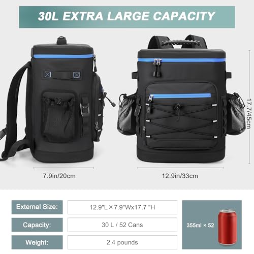 Large 52cans Cooler Backpack, Insulated, Waterproof, Leak Proof, 30L Large Capacity - color: Black, Blue Zipper
