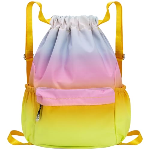 HOLYLUCK Drawstring Backpack Sports Gym Bag Water Resistant String Bag Cinch Sackpack with Side Zipper Pocket for Shopping Sport Yoga - Rainbow gradient - color: Rainbow Gradient