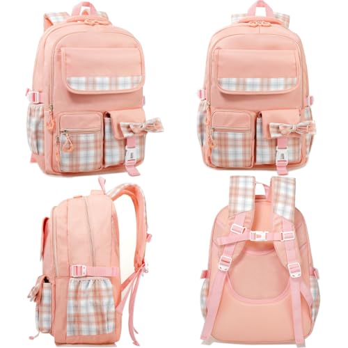 MCWTH Checkered Backpack for Teen Girls, Kawaii Cute Kids Elementary Student School Backpacks (Bow Pink) - color: Checkered Pink