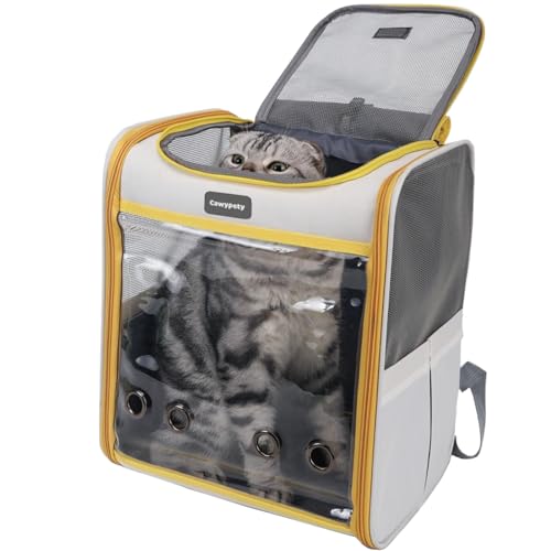 Cawypety Cat Backpack Carrier, Collapsible and Breathability Cat Carrier Large for Cat Under 16 lbs, Dog and Small Pet Carrier Bag Used in Travel, Car - color: Yellow and Beige