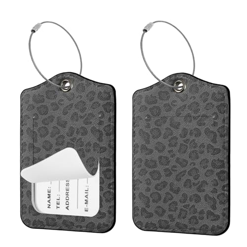 Seorsok 2 PCS Luggage Travel Tags for Suitcases,Cute Black Leopard PU Leather Name Tag with Privacy Cover&ID Label Address Card and Durable Metal Ring Suitable for Men Women Handbags Backpack,Black - color: Black01