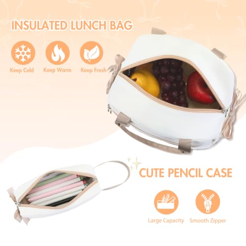 Kids Backpack for Girls - 3PCS Cute Embroidered Bow Girls Backpack with Insulated Lunch Bag & Pencil Case - Bookbag for Teen Women Middle High School College Work Travel Daypack - color: Beige Khaki