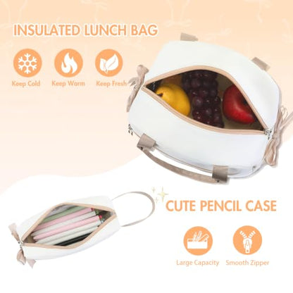 Kids Backpack for Girls - 3PCS Cute Embroidered Bow Girls Backpack with Insulated Lunch Bag & Pencil Case - Bookbag for Teen Women Middle High School College Work Travel Daypack - color: Beige Khaki