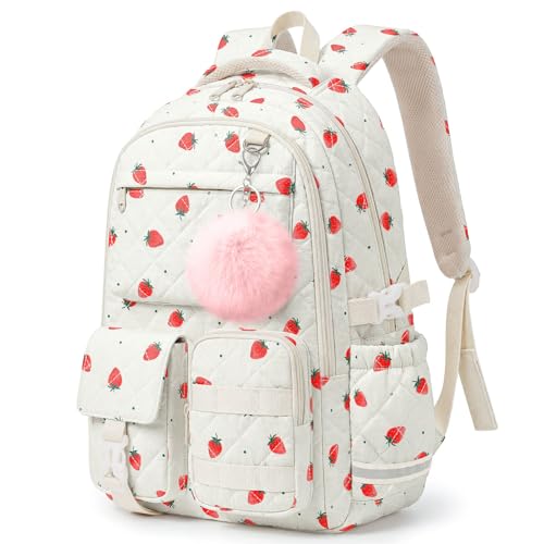 Quilted Backpack for Teen Girls, Cute Strawberry School Backpack with Multi-Pocket Design, Lightweight Cotton Bookbag Fits 15.6" Laptop, Large Capacity Aesthetic Backpack with Plush Charm - color: Strawberry