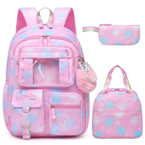 Alrisg Girls Backpack Set School Bookbag for Kids Elementary Middle School, Cute Backpack for Girls Pink - color: Pink, size: 17 inch Set