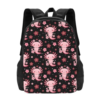 Eco Polyester Backpack Cherry Flower Blossom Cute Axolotl, Ergonomic Straps, Fits Tablet, for Work or Hiking - color: Design (407)