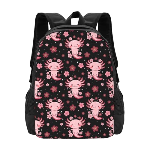 Eco Polyester Backpack Cherry Flower Blossom Cute Axolotl, Ergonomic Straps, Fits Tablet, for Work or Hiking - color: Design (407)