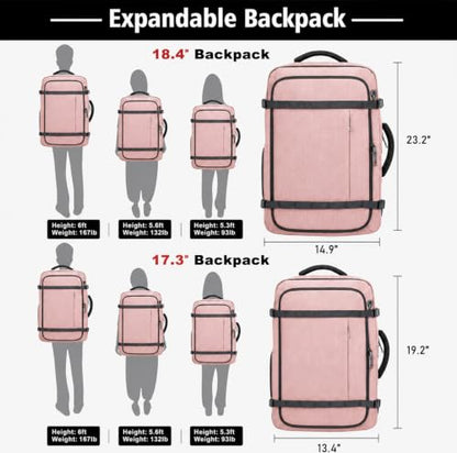 Expandable Flight-Approved Travel Backpack 35-45L with LifetimeWarranty - color: Pink, size: 17.3inch - 19.2"x13.4"x7.9"(+2.7")