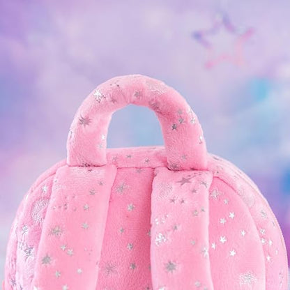 Gloveleya Kids Backpack Toddler Girl Gift Plush Curly Hair Doll Backpack with Glittery Pink Dress and Star Accents 9 Inches - Perfect for Preschool and Day Trips - color: A0033pink, size: 9 inches