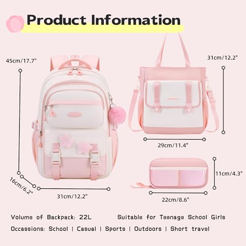 3Pcs Backpack for Girls with Tote Bag, School Bags Bookbag for Teen Girls Backpack with Star Pins and Furry Pendant, A08-3Pcs Blue - color: A08-3pcs Blue