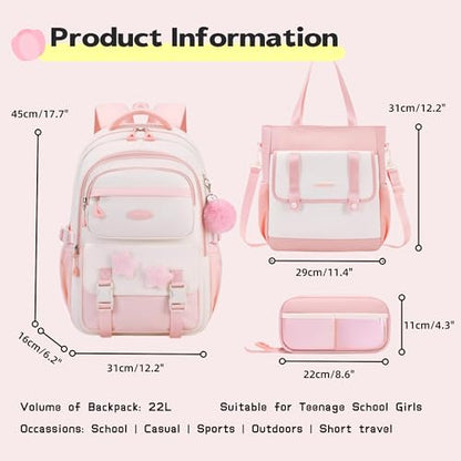 Girls Backpack for Kids Elementary Middle School, 3Pcs Backpack and Tote Bag Set for Teen Girls School Bag, with Star Pins and Furry Pendant, A08-3Pcs Wine-red - color: A08-3pcs Wine-red