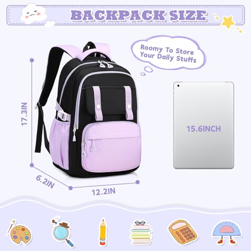 MUSEVOS Girls Backpack, Ideal School Backpack for Girls from Elementary to Teen Years, Kawaii Bookbag Cute Large Capacity (BLACK&PURPLE) - color: Black&purple
