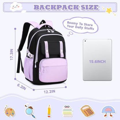 MUSEVOS Girls Backpack, Ideal School Backpack for Girls from Elementary to Teen Years, Kawaii Bookbag Cute Large Capacity (BLACK&PURPLE) - color: Black&purple