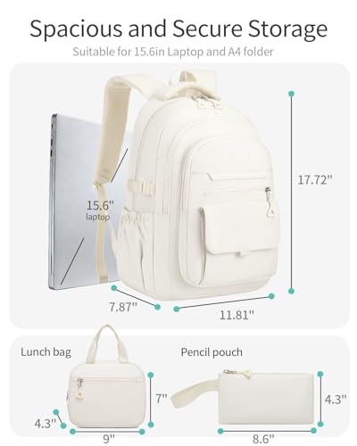 Girls School Backpack with Lunch Box, Teens Schoolbag Aesthetic High School Middle School Laptop Backpack College Student Women Bookbag, Beige-3pack - color: Beige, size: 15.6in-3pcs