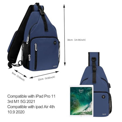 MOSISO Sling Backpack Bag, Crossbody Shoulder Bag Travel Hiking Daypack Chest Bag with Front Square Pocket&USB Charging Port - color: Navy Blue