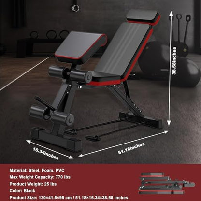 ALSO GO 2026 Weight Bench, 770LBS Adjustable Workout Bench Foldable for Home Gym, Leg Extension and Extended Backrest for Bench Press Full Body Strength Training Exercise