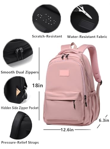 Water-Resistant Casual Backpack – Lightweight Travel Daypack with Laptop Compartment & Multi-Pocket Design (Pink) - color: Pink
