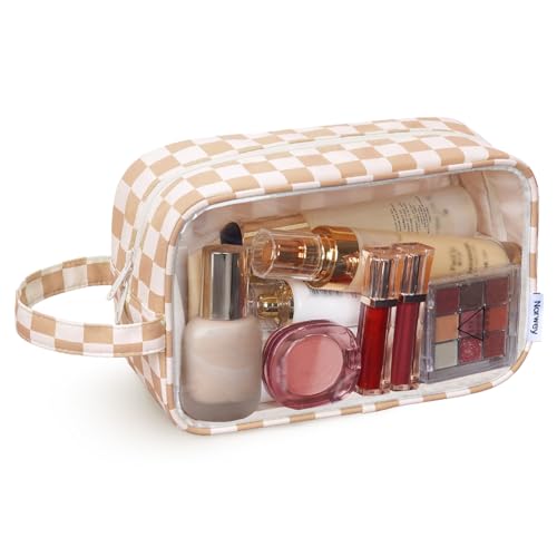 Narwey Clear Toiletry Bags for Traveling Women Men, Clear Travel Bags for Toiletries Makeup Bag Cosmetic Bag with Zipper, Make Up Organizer, Skincare Bag (Light Brown Checkerboard) - color: Y-Light Brown Checkerboard