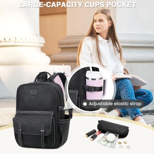 Vegan Leather Laptop Backpack for Women Designer 15.6 Inch PU Laptop Bag, Ladies Travel Computer Work Backpack - color: Black
