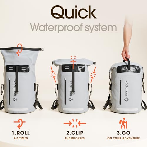 Earth Pak Waterproof Backpack - Heavy Duty Hiking Backpack - Roll-Top Closure Bag - Cushioned Dry Bag Waterproof Phone Case - color: Grey, size: 35L