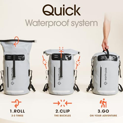 Earth Pak Waterproof Backpack - Heavy Duty Hiking Backpack - Roll-Top Closure Bag - Cushioned Dry Bag Waterproof Phone Case - color: Grey, size: 35L