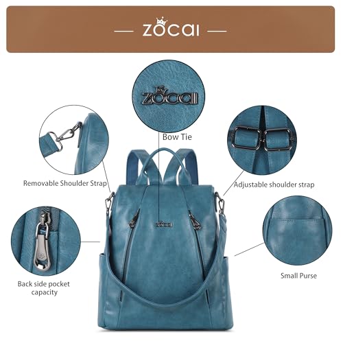 ZOCAI Backpack Purse for Women Medium Anti-Theft Backpacks Purses Design Leather Shoulder Bags with Removable Strap - color: Lake Blue