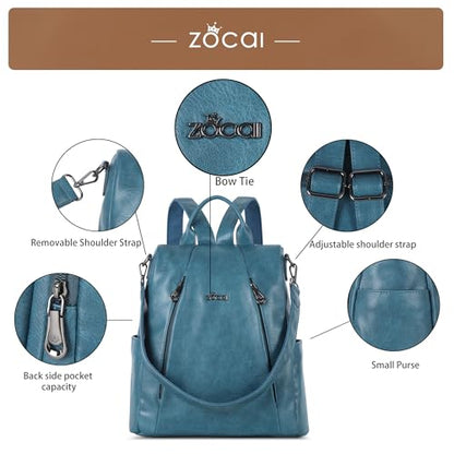 ZOCAI Backpack Purse for Women Medium Anti-Theft Backpacks Purses Design Leather Shoulder Bags with Removable Strap - color: Lake Blue
