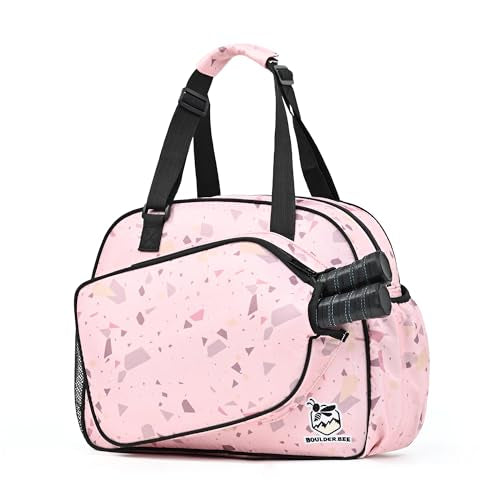 Boulder Bee Pickleball Bags, Premium Pickleball Tote Bag for Girls, Women’s Hand/Shoulder Gym Bag w Water Bottle Holder, with Pickleball Racquet/Paddle Holder - color: Pink Triangles