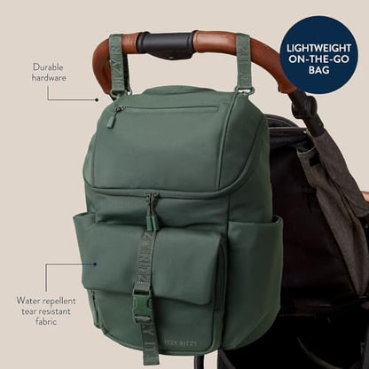 Itzy Ritzy Belong Bucket Backpack – Lightweight Diaper Bag Backpack Featuring 16 Pockets, Bucket Top Opening, Stroller Straps & Changing Pad – Organized and Stylish Everyday Family Backpack (Green) - color: Hunter Green