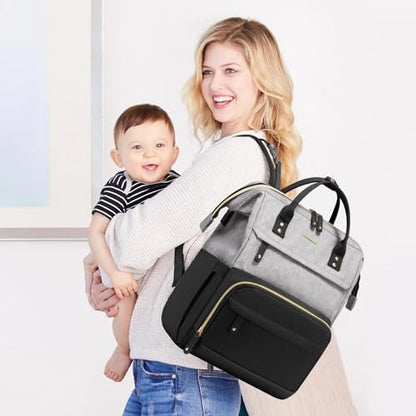 LOVEVOOK Diaper Bag Backpack, Baby Bag with Changing Station, Large Diaper Backpack for Mom Dads, Waterproof Leather Mommy Bag for Boy and Girl, Travel Essential Baby Shower, Black-Grey - color: Black-grey