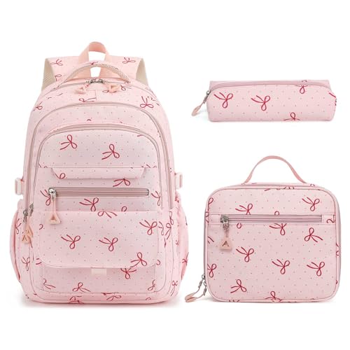 Phaoullzon Teen Girls School Backpack with Lunch Box for Boys, College Aesthetic Laptop Bookbag for Women - color: Pink Bow