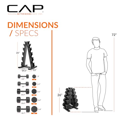 CAP Rubber Coated Hex Dumbbell Set with Storage Rack | 100–210 lb Options, Space-Saving Vertical Compact Storage for Home Gym Strength Training - size: 150 lb - Set, style: 12-Sided Black Handle