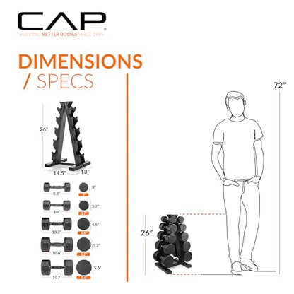 CAP Rubber Coated Hex Dumbbell Set with Storage Rack | 100–210 lb Options, Space-Saving Vertical Compact Storage for Home Gym Strength Training - size: 150 lb - Set, style: 12-Sided Black Handle