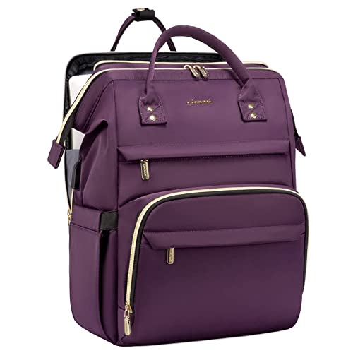 LOVEVOOK 17.3 Inch Laptop Backpack, Large Travel Backpack for Women, Water Resistant Teacher Backpack with Laptop Compartment, Professional Business Work bags with Charger, Dark Purple - color: Dark Purple, size: 17 inch-Separate Laptop Compartment