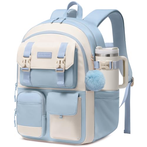 LOVEVOOK School Backpack for Teen Girls,Student Backpack Purse for 8-16 Teenage,Cute Kid Bookbag with Large Cup Holder,Back to School Backpack Fit 15.6 Inch Laptop,College Travel Bag for Daughter Gift - color: Light Blue-white, size: 15.6 inch