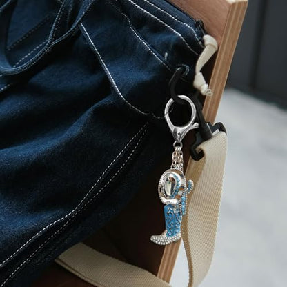 Madison Tyler Western Cowboy Boots Cherry Bow Bubble Tea Strawberry Cute Keychain | Bag Charms for Handbags Purse Charms - color: Blue Boots