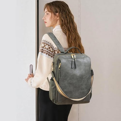 Dora & Liz Laptop Backpack for Women, Leather Travel Backpack with 15.6 Inch Laptop Compartment, College Work Computer Bag - color: Grey