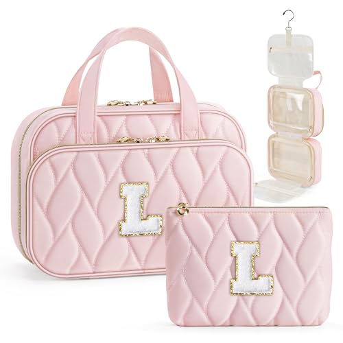 YOOLIFE Toiletry Bag Initial Makeup Bag for Women - Birthday Gifts for Women Teen Girl Gifts Trendy Stuff - Letter L Pink - color: Pink, style: L