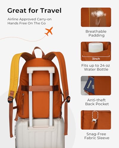 Lightweight Travel Backpack for Women, School Backpack for Teen Girls & Boys, Water-repellent Taslon Fabric, Stylish Casual Daypack for College Everyday Use, Fits 14" Laptop, Brown & Yellow - color: Brown & Yellow