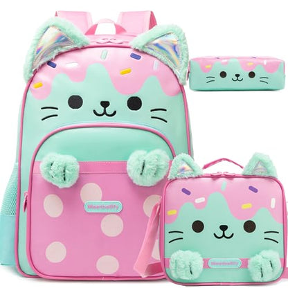 School Backpack for Girls,Cute Cat Kids Bookbag 3PCS Set with Lunch Bag Pencil Case,Elementary Girls Backpack for School,Lightweight Travel Daypack - color: Green Pink Cat