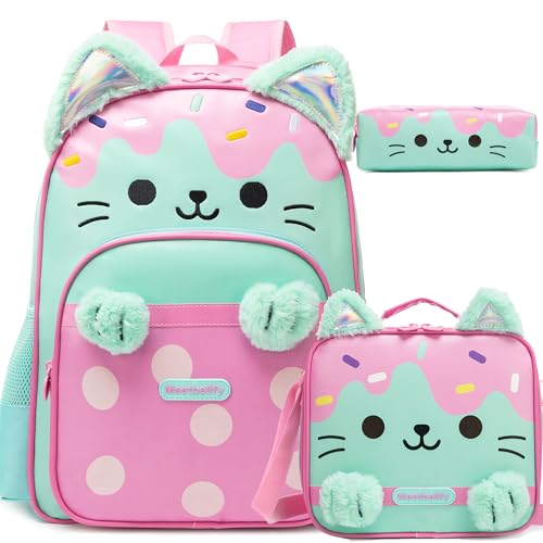 School Backpack for Girls,Cute Cat Kids Bookbag 3PCS Set with Lunch Bag Pencil Case,Elementary Girls Backpack for School,Lightweight Travel Daypack - color: Green Pink Cat