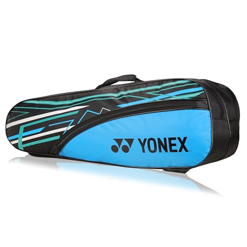 Yonex Stylish Badminton Kit-Bag |Double Zipper Compartment for Storage of 6 Rackets and Clothes|Side Pocket |Back Straps |Accessories Compartment |Made in India - color: BLACK SKY BLUE