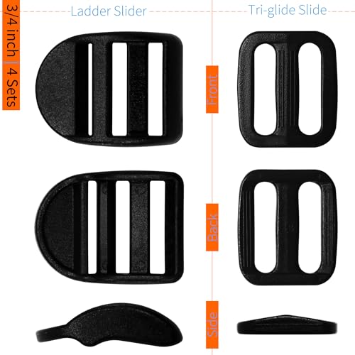 LASIGHT 4 Pack Slider Ladder Lock Buckle and Tri-glide Slide for 3/4", 1", 1-1/4", 1-1/2", 2" Webbing Strap - style: Fit 3/4" Webbing