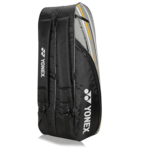 Yonex Stylish Badminton Kit-Bag |Double Zipper Compartment for Storage of 6 Rackets and Clothes|Side Pocket |Back Straps |Accessories Compartment |Made in India - color: BLACK GREY DARK YELLOW