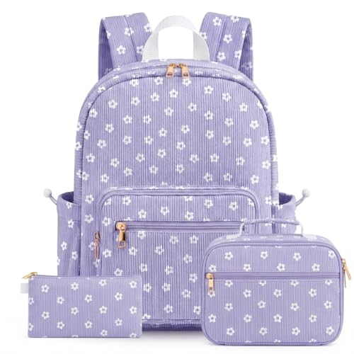 Corduroy Toddler Backpack for Kids School Bag Girls Bookbag Teen Backpack Set Daypack with Lunch Bag and Pencil Case (Purple small white flowers, 3 Set) - color: Purple Small White Flowers, size: 3 Set