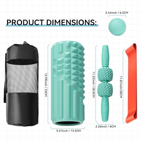 5 in 1 Foam Roller Set, High Density Fitness Exercise Foam Roller for Deep Tissue Muscle Massage, Massage Roller, Massage Ball, Resistance Band, for Whole Body(Tiffany Green) - color: Tiffany Green